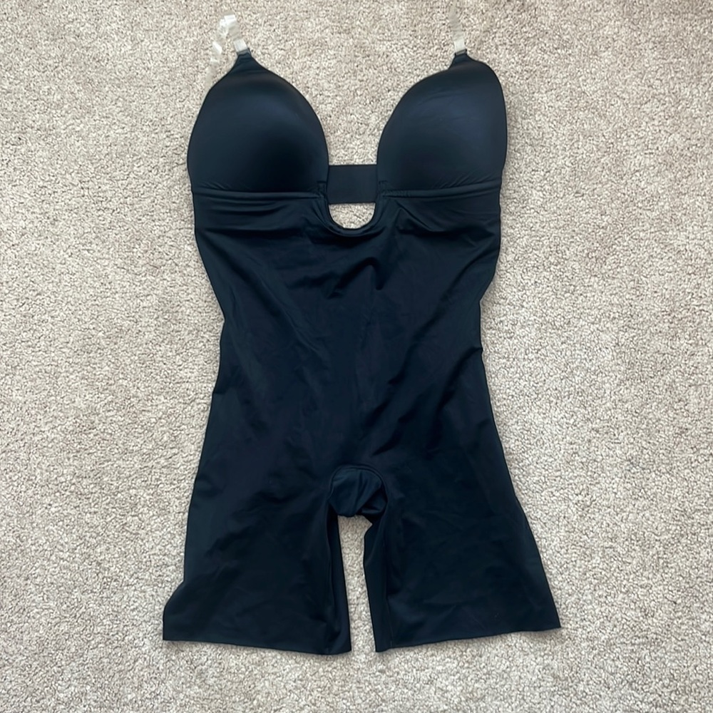 SPANX Cupped Mid Thigh Full Bodysuit Shaper with Clear Straps